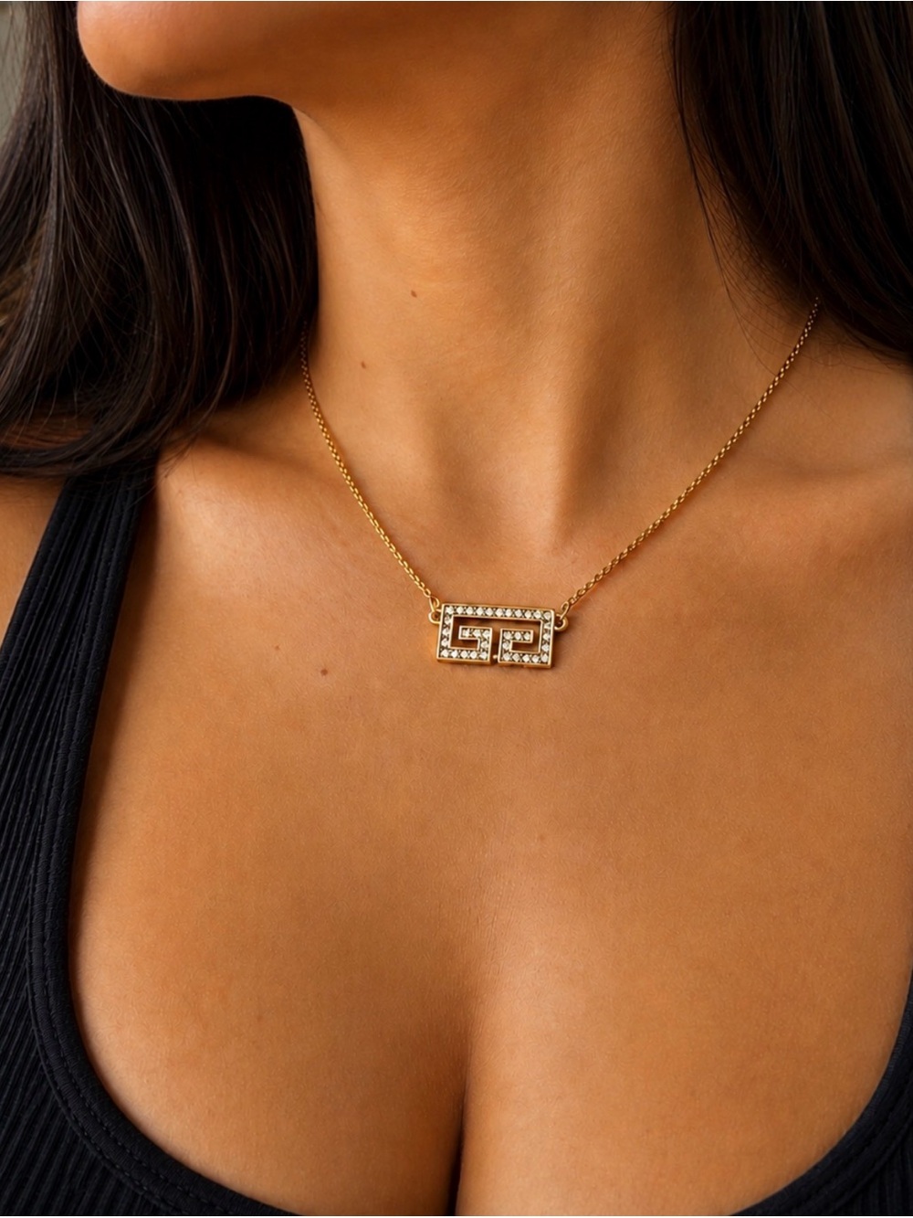 Authentic Givenchy Gold-Tone Greek Key Crystal Pendant Necklace